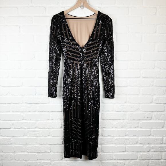 Dress the Population Emery Sequin Dress Long Sleeve Stretch Midi Sheath Black XS - Picture 3 of 11